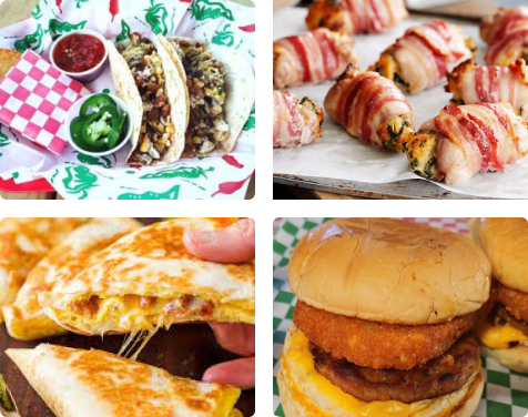 A collage of pictures of food including tacos, burgers, and sandwiches.