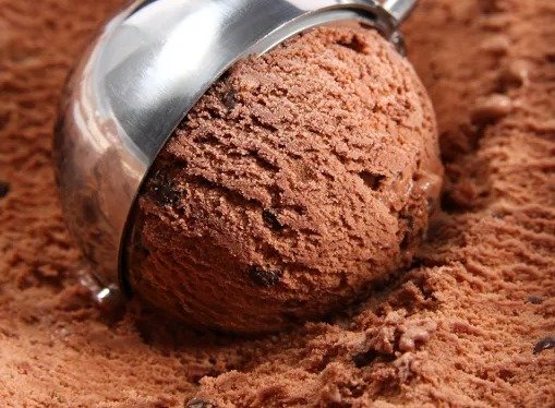 A scoop of chocolate ice cream in a bowl.